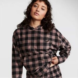 PINK Victoria’s Secret Plaid Fleece Lounge Set XL Brown Black Hoodie Shorts Cozy